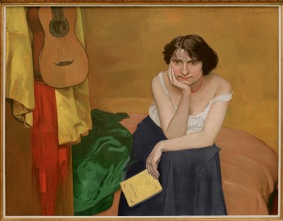 Önden, gitarla oturan esmer kadın by Felix Edouard Vallotton