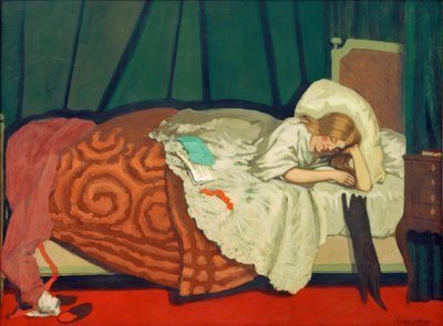 Bir kedi ile oynarken uzanmış kadın by Felix Edouard Vallotton