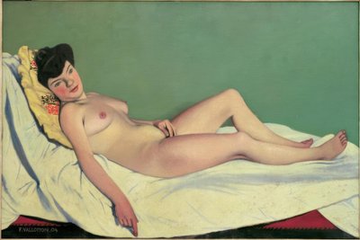 Beyaz bir çarşaf üzerinde yatan çıplak kadın, sarı yastık by Felix Edouard Vallotton