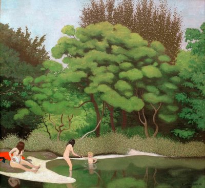 İki kadın ve bir çocuk ile güneşli ağaç altı manzara by Felix Edouard Vallotton