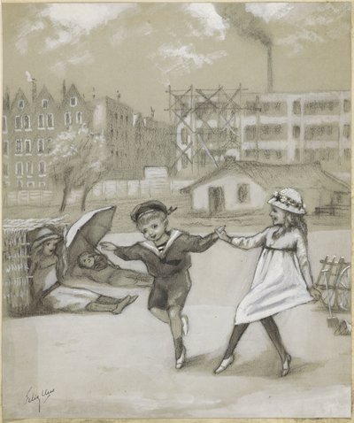 Şehir parkında veya oyun alanında dans eden erkek ve kız by Felix Hess (signed by artist)