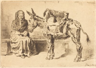Cacoletière Assise Oturan Kadın ve Eşek, 1875. by Felix Hilaire Buhot