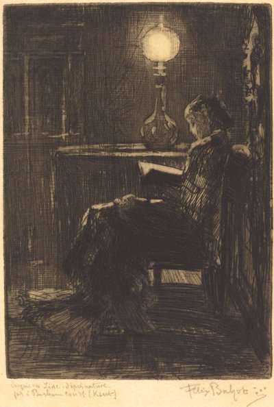 Lamba Okuyucu (Lamba Işığıyla Okuyan Kadın) by Felix Hilaire Buhot