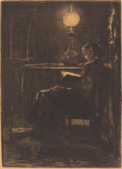 Lamplight tarafından Okuma Kadın, 1879. by Felix Hilaire Buhot