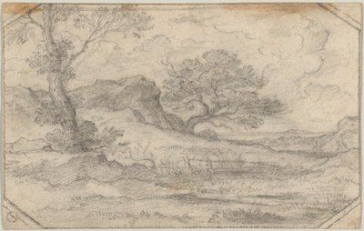 İki ağaç ve bir kaya kütlesi ile ideal manzara by Ferdinand (Johann Heinrich Ferdinand) von Olivier