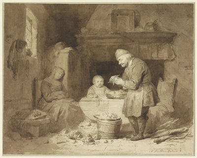 Bir kadın uyuyakalmışken yaşlı bir adam patatesleri soyuyor. by Ferdinand De Braekeleer (I)