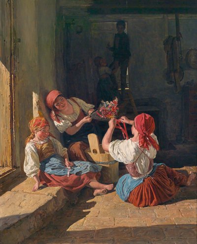 Bir askerin şapkasını süsleyen çocuklar. Ferdinand Georg Waldmuller (1793-1865), ahşap üzerine yağlı boya tablosu by Ferdinand Georg Waldmuller