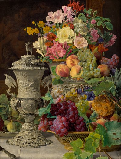 Meyve, Çiçek ve Gümüş Kadeh ile Natürmort by Ferdinand Georg Waldmuller