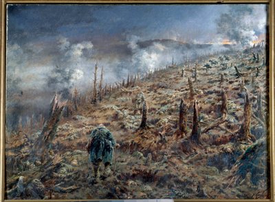 Birinci Dünya Savaşı (1914-1918): “Verdun'daki ölüm vadisi” Savaştan sonra harabe ve kül manzarası. Ferdinand Joseph Gueldry'nin (1858-1945) 1916 Paris tablosu. İki Dünya Savaşı Müzesi by Ferdinand Joseph Gueldry