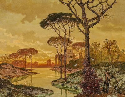Antik bir villa ile akşam nehir manzarası. 1901 by Ferdinand Knab