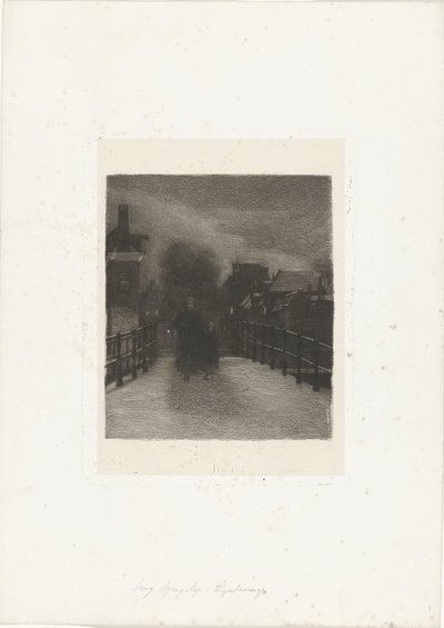 Bir köprüde çocuğu olan yaşlı kadın Kış Akşamı (nesne üzerindeki başlık) by Ferdinand Oldewelt (signed by artist)