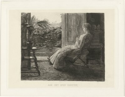Genç kadın, nakış işliyor, açık pencerenin yanında Açık pencerede (nesne üzerindeki başlık) by Ferdinand Oldewelt