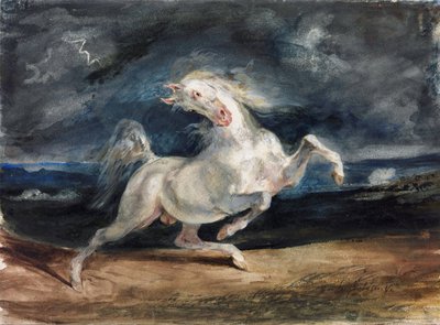 Yıldırımdan Korkan At - Yıldırımdan Korkan At - Delacroix, Eugene (1798-1863) - 1825-1829 - Suluboya, Kağıt Üzerine Guaj - 23.6x32 - Szepmuveszeti Muzeum, Budapeşte by Ferdinand Victor Eugene Delacroix