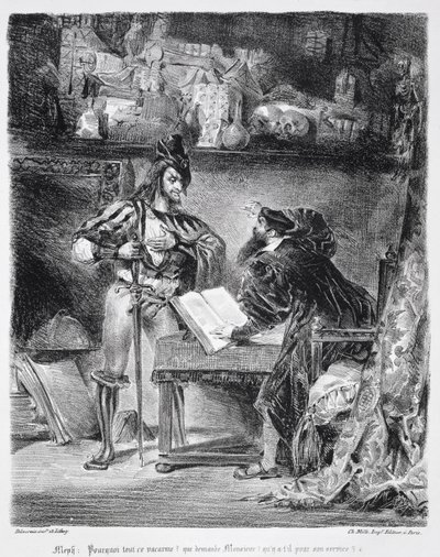 Faust ve Mephistopheles Arasındaki İlk Buluşma: Goethe'nin Faust'undan, 1828, (illüstrasyon) (bw litografi fotoğrafı) 'Neden tüm bu Gürültü' by Ferdinand Victor Eugene Delacroix