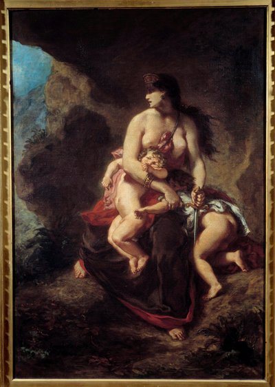 Öfkeli Medee Medee iki çocuğunu bir mağarada öldürür. Eugene Delacroix (1798-1863) tarafından yapılan boyama by Ferdinand Victor Eugene Delacroix
