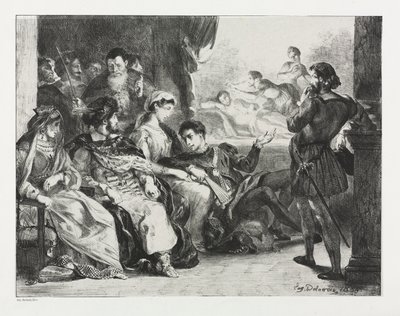 Hamlet: Hamlet, Oyunculara Babasının Zehirlenmesinden bir Sahne yapmalarını emrediyor, 1834. by Ferdinand Victor Eugene Delacroix