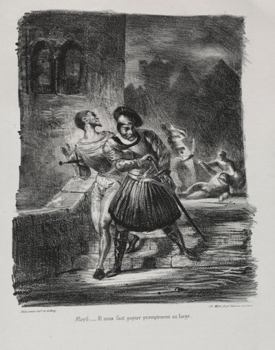 Faust için çizimler: Méphistophélés ve Faust düellodan sonra kaçar, 1828. by Ferdinand Victor Eugene Delacroix