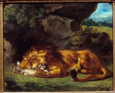 Aslan tavşanı dövüyor. Eugene Delacroix (1798-1863) tarafından yapılan boyama by Ferdinand Victor Eugene Delacroix