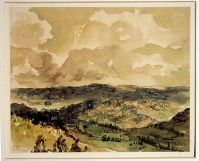 Eugene Delacroix (1798-1863) tarafından Croze Suluboya çevresindeki ağaçlık tepelerin panoramik görünümü 1855 civarında Güneş. 0,21 x 0,26 m Paris. Louvre müzesi by Ferdinand Victor Eugene Delacroix