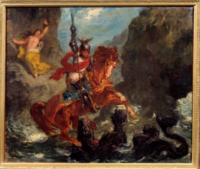 Korsanlar tarafından bir canavara teslim edilen Roger delivrant Angelique (Angelica), Roger (Ruggero, Ruggiero) tarafından bir hipogriffe biniyor - Ludovic Ariosto (Arioste) tarafından “Öfkeli Roland” (Orlando Furioso) için illüstrasyon - Eugene Delacroix  by Ferdinand Victor Eugene Delacroix