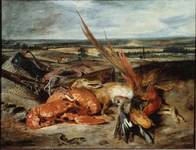 Istakoz ve avcılık ve balıkçılık kupaları ile natürmort - tuval üzerine yağlıboya by Ferdinand Victor Eugene Delacroix