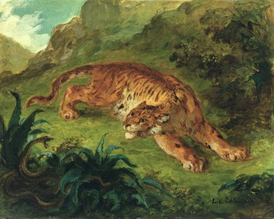 Kaplan ve Yılan, 1858 (panel üzerine monte edilmiş kağıt üzerine yağlı boya) by Ferdinand Victor Eugene Delacroix