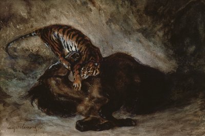 Bir ata saldıran kaplan (kağıt üzerinde wc) by Ferdinand Victor Eugene Delacroix