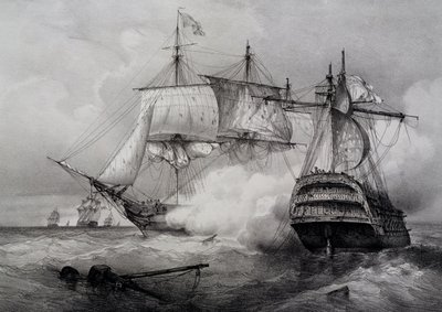 Amerikan 74 silahlı gemisi ile İngiliz fırkateyni arasındaki savaş, Ferdinand Perrot tarafından litografi by Ferdinand Victor Perrot