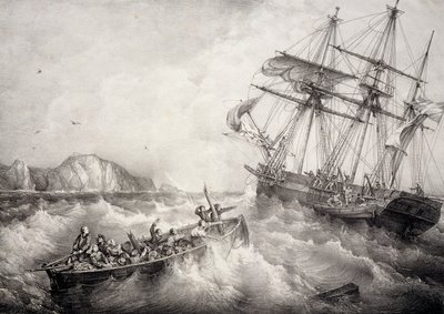İsveç gemisi Le Neptune tarafından Breton balıkçı teknesinin mürettebatının kurtarılması, Ferdinand Perrot tarafından Lithograph by Ferdinand Victor Perrot
