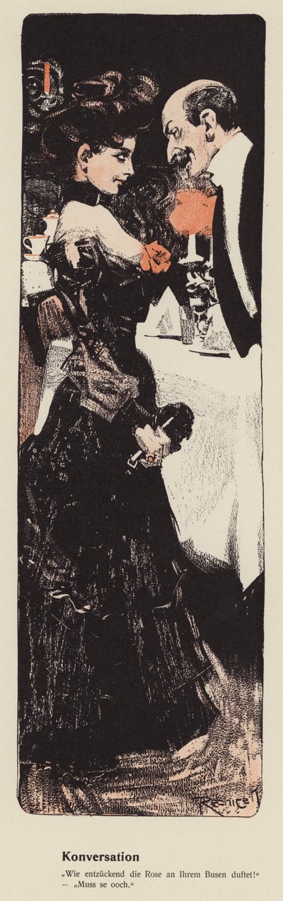 Genç bir kadınla sohbet eden adam (renkli taş) by Ferdinand von Reznicek