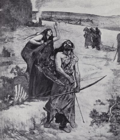 Buz Devri adamı ok ve yay ile avlanmayı öğreniyor (lito) by Fernand (after) Cormon