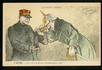 Kartpostal, Renklerde Hiciv, ca. 1914_12: 1915 için en iyi dileklerimle sunduğum küçük bir hediye - 14 -18 Savaşı, Kanunlar, mermiler - William II, Joffre Gottlob tarafından İllüstrasyon (1873-1935) by Fernand Louis Gottlob