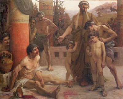 Bir Spartalı, sarhoş bir köleyi oğullarına gösteriyor by Fernand Sabbate