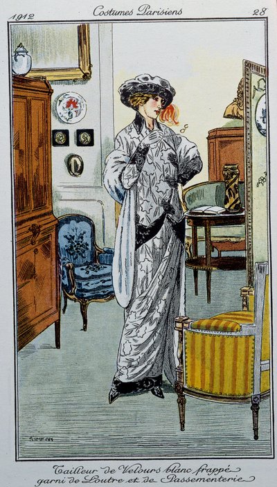 Paris Kostümleri: Su samuru ve süslemeli çizgili beyaz kadife terzi Dessine by Fernand Simeon by Fernand Siméon