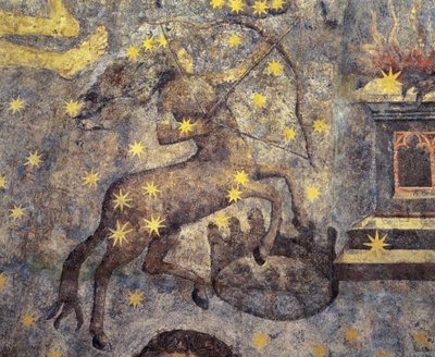 Gotik dönem. Zodyak Kubbesi (1485), Fernando Gallego (1440-1507). XV. Yüzyıl. Duvar boyamaları. İspanya, Kastilya'daki Salamanca Üniversitesi'nin kütüphanesini süslüyorlar. Zodyak burçlarını temsil eder. Sentor. Takımyıldızının sembolü. by Fernando Gallego