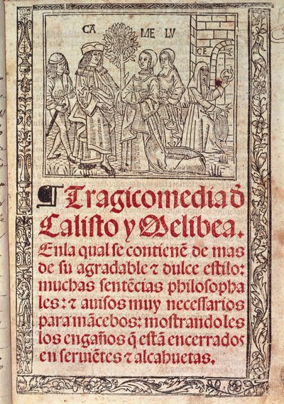 The Celestina or The Tragicomedy of Callisto and Melibea'nın kapağında parşömen üzerine minyatür, by Fernando de Rojas