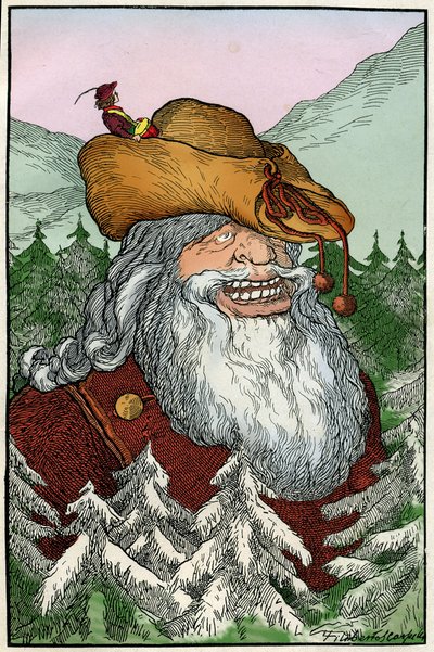 Filiberto Scarpelli (1870-1933) tarafından Grimm kardeşlerin "Pamuk Prenses ve Diğer Masallar" adlı masal derlemesinden "La montagna di cristallo" (Kristal Dağ) masalı için yaklaşık 1920 yılında çizilmiştir. by Filiberto Scarpelli