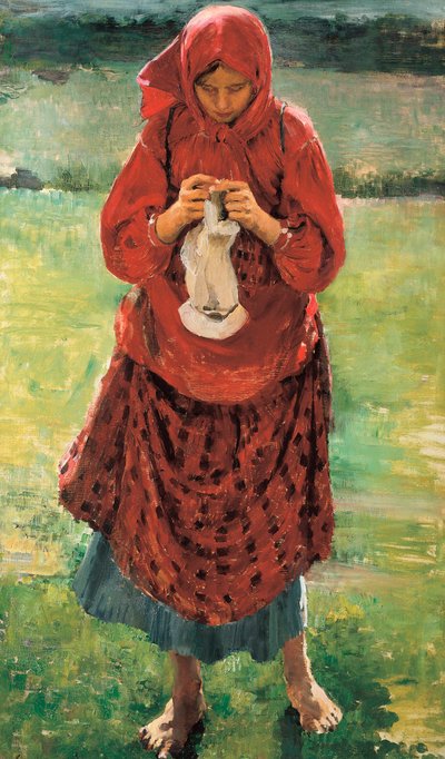 Çorap ören genç bir köylü kadın by Filipp Andreevich Maliavin