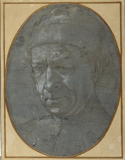 Şapka takan yaşlı bir adamın başı (mavimsi gri hazırlanmış kağıt üzerinde metal nokta) by Filippino Lippi
