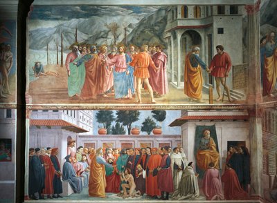 Tribute parası, Tommaso Masaccio tarafından, The Raising of the Oğul of Theophilus ve Saint Peter tahtta, Tommaso Masaccio ve Filippo Lippi tarafından, freskler by Filippino Lippi