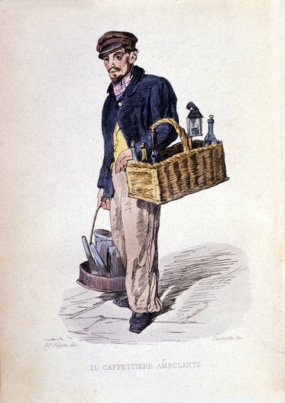 Napoli şehrinin küçük işletmesi: Napoliten bir kahve tüccarı olan “caffettiere”. F. Palizza'nın bir resminden sonra gravür. Francesco de Bourcard'ın bir çalışmasından “” Costumi del regno di Napoli”” by Filippo Palizzi