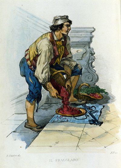 Napoli şehrinin küçük işletmesi: Napoliten bir çilek tüccarı olan “fragolaro”. F. Palizza'nın bir tablosundan sonra gravür. Francesco de Bourcard'ın bir çalışmasından “” Costumi del regno di Napoli”” by Filippo Palizzi