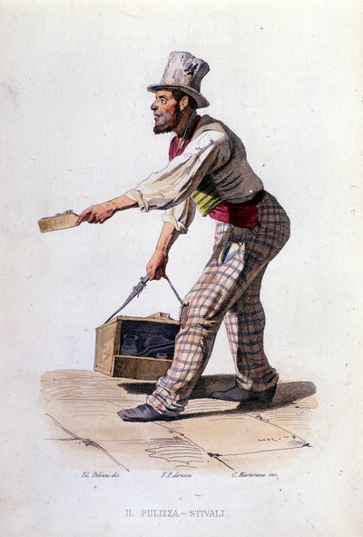 Napoli şehrinin küçük işletmesi: ayakkabı boyacısı. F. Palizza'nın bir tablosundan sonra gravür. Francesco de Bourcard'ın bir çalışmasından “” Costumi del regno di Napoli”” by Filippo Palizzi