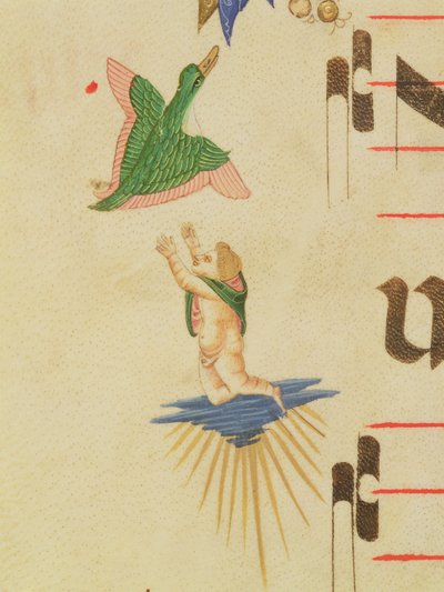Missal 515 f.13v Dekoratif bir bordürden uçan bir kuşu yakalamaya çalışan pelerinli bir melek, 1449