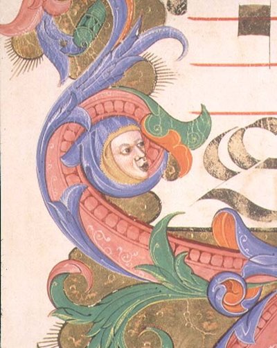 Missal 515 f.156r Pelerinli bir kafa ile zoomorfik yapraklar, 1449