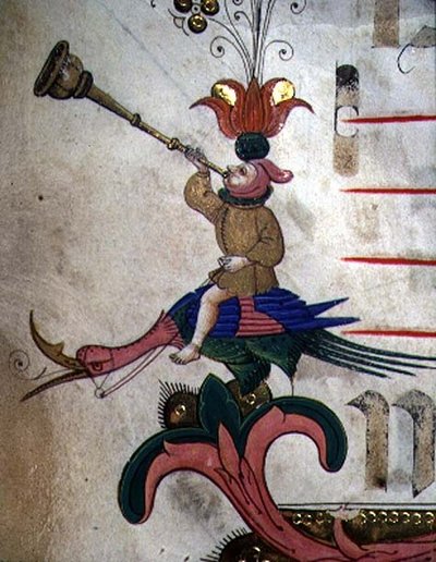 Missal 515 f.9r Koşumlu bir kuşa monte edilmiş bir boynuz üfleyen figür, 1449