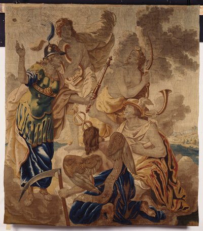 Bulutlar arasında Minerva, Apollo, Diana, Merkür ve Cornus dahil olmak üzere çeşitli tanrıları tasvir eden yün ve ipeklerle dokunmuş bir Brüksel halısı by Flemish School