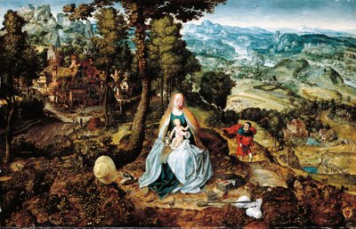 The Rest on the Flight Mısır, Antwerp okulu, c.1520 ile kapsamlı bir manzara by Flemish School