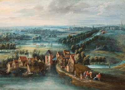 Nehir kenarında bir köy ve ön planda figürlerin yer aldığı geniş bir manzara by Flemish School