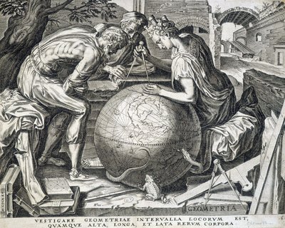 Comppas (geometri alegorisi) ile dünyanın üzerine eğilen karakterler - gravür, Flanders by Flemish School